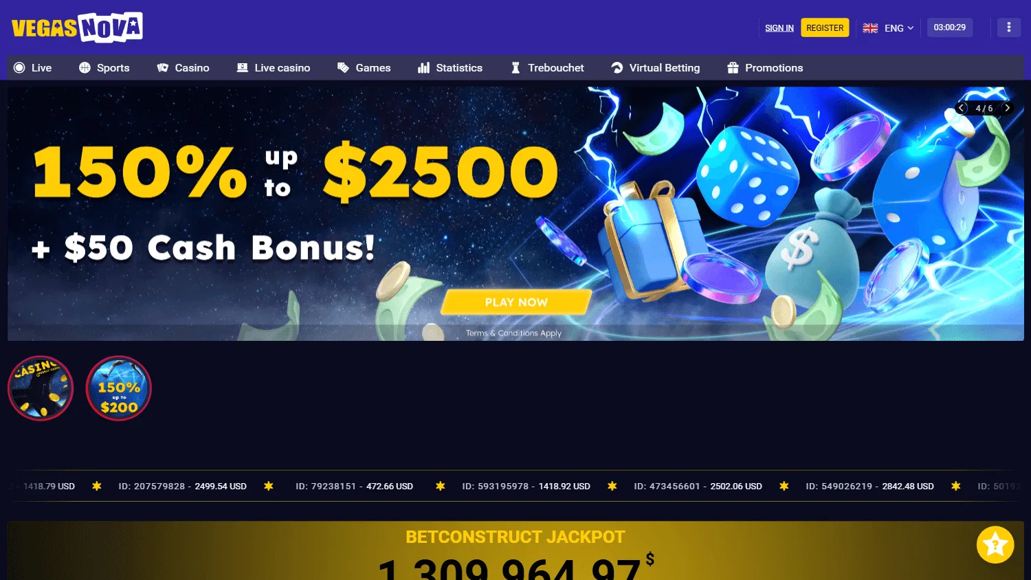 Vegas Nova Casino desktop home screen with casino and account features