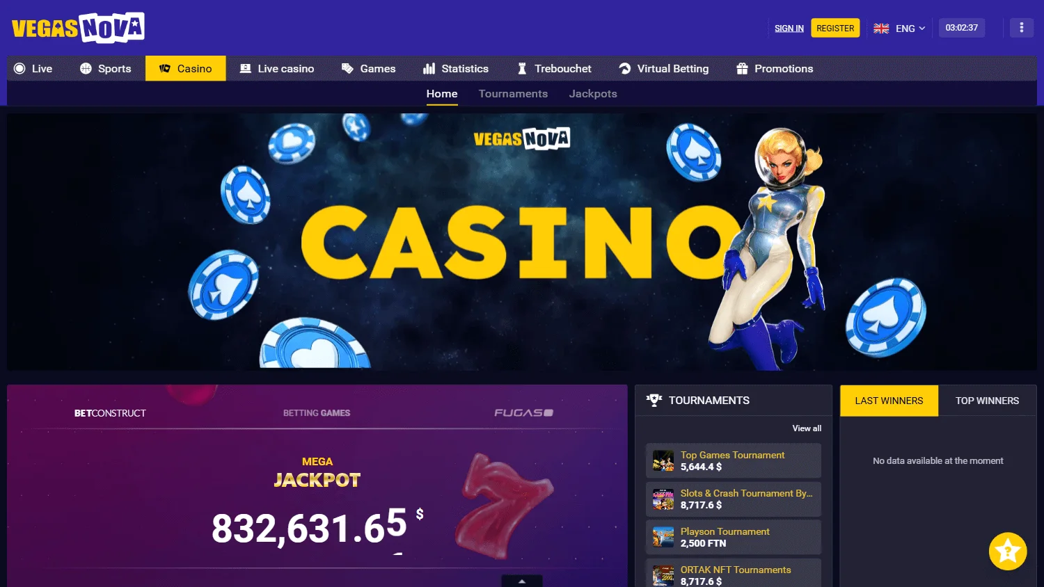 Vegas Nova Casino desktop games screen with casino categories and titles